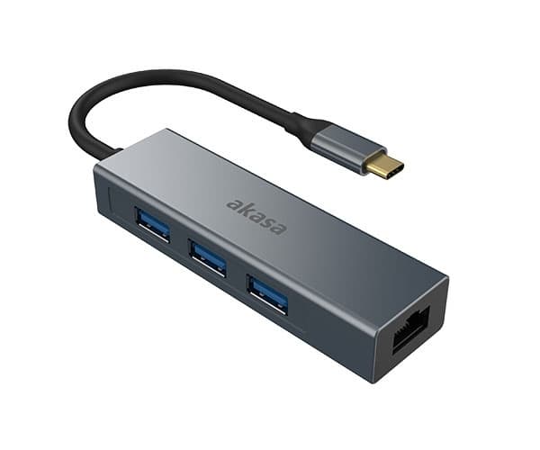 Akasa AK-CBCA20-18BK, USB 3.2 Gen 1 (3.1 Gen 1) Type-C, RJ-45, USB 3.2 Gen 1 (3.1 Gen 1) Type-A, 5000 Mbit/s, Grå, Gjuten aluminium, 0,18 m