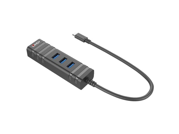 Lindy 43249, USB 3.2 Gen 1 (3.1 Gen 1) Type-C, RJ-45,USB 3.2 Gen 1 (3.1 Gen 1) Type-A, 5000 Mbit/s, Sort, Plast, 0,26 m