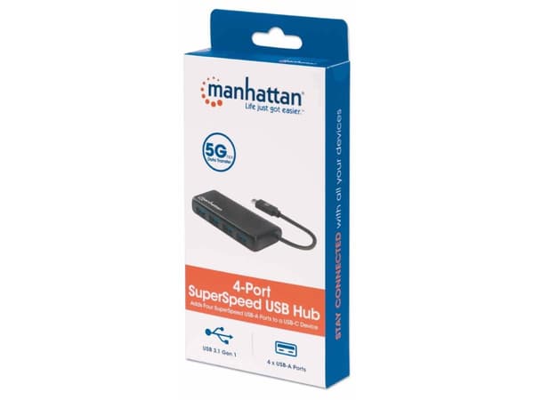 Manhattan 164924, USB 3.2 Gen 1 (3.1 Gen 1) Type-C, USB 3.2 Gen 1 (3.1 Gen 1) Type-A, 5000 Mbit/s, Svart, Akrylnitrilbutadienstyren (ABS), 0,135 m
