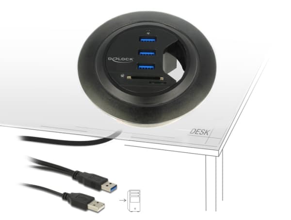 Delock In-Desk Hub 3 Port USB 3.0 + 2 Slot SD Card Reader - Hubb - 3 x SuperSpeed USB 3.0 - skrivbordsmodell