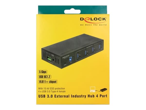 Delock External Industry Hub 4 x USB 3.0 Type-A with 15 kV ESD protection - Hubb - 4 x SuperSpeed USB 3.0 - väggmonterbar - likström