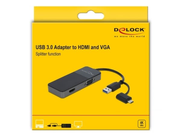Delock Adapter USB 3.0 to 4K HDMI + VGA - Adapterkabel - USB typ A, 24 pin USB-C hane till HD-15 (VGA), HDMI hona - 12 cm - svart