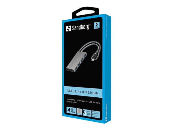 Sandberg USB-C to 4 xUSB 3.0 Pocket Hub USB 3.2 Gen 1 (3.1 Gen 1) Type-C Hvit