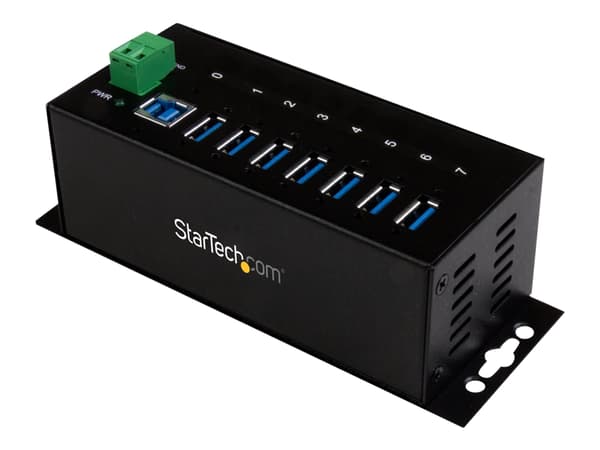 StarTech.com USB 3.0-hubb med 7 portar - Industriell USB-A-hubb i metall med ESD-skydd och 350 W överspänningsskydd - Monterbar på DIN-skena, vägg el