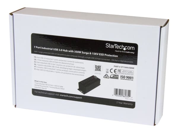 StarTech.com USB 3.0-hubb med 7 portar - Industriell USB-A-hubb i metall med ESD-skydd och 350 W överspänningsskydd - Monterbar på DIN-skena, vägg el