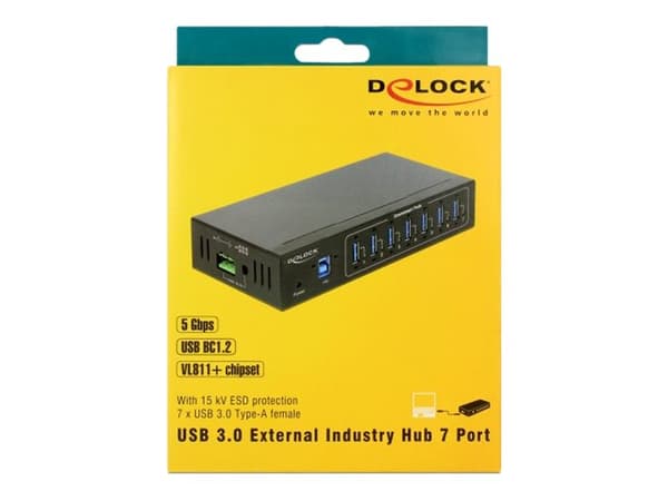 Delock External Industry Hub 7 x USB 3.0 Type-A with 15 kV ESD protection - Hubb - 7 x SuperSpeed USB 3.0 - väggmonterbar - likström