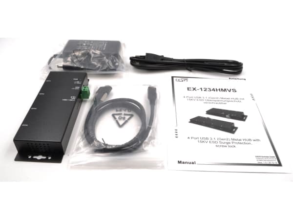 EXSYS EX-1234HMVS, USB 3.2 Gen 1 (3.1 Gen 1) Type-C, USB 3.2 Gen 1 (3.1 Gen 1) Type-A, USB 3.2 Gen 1 (3.1 Gen 1) Type-C, 5000 Mbit/s, Svart, Metall,