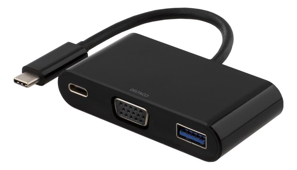 DELTACO USB-C til VGA og USB Type A adapter, USB-C hun, 60W, sort