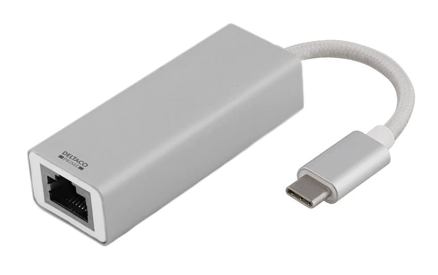 DELTACO PRIME USB-C nätverksadapter, Gigabit, RJ45, aluminium, silver