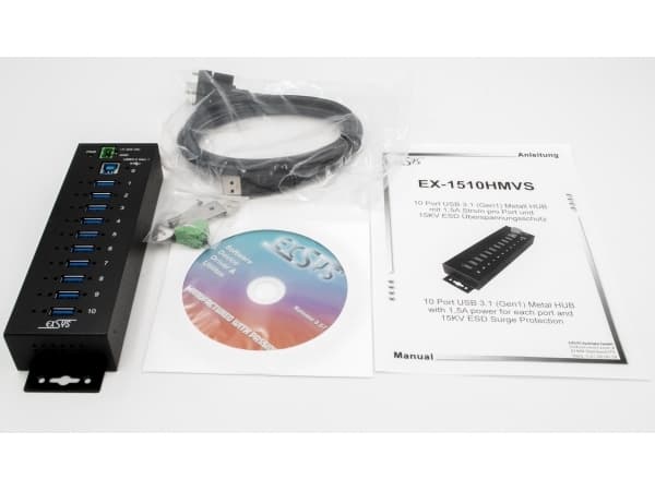 EXSYS EX-1510HMVS, USB 3.2 Gen 1 (3.1 Gen 1) Type-B, USB 3.2 Gen 1 (3.1 Gen 1) Type-A, 5000 Mbit/s, Svart, Metall, Aktivitet, Energiljus