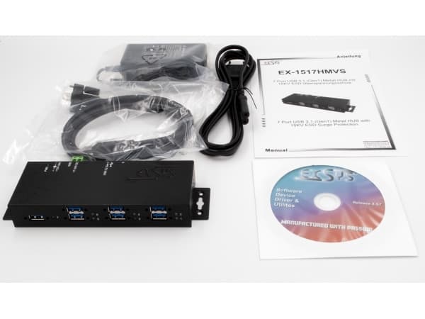 EXSYS EX-1517HMVS, USB 3.2 Gen 1 (3.1 Gen 1) Type-A, USB B-tyyppi, 5000 Mbit/s, Musta, Metalli, Teho, Taiwan