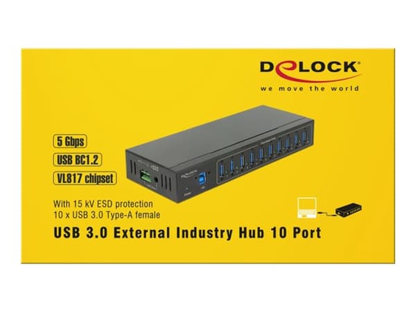 Delock External Industry Hub 10 x USB 3.0 Type-A with 20 kV ESD protection - Hubb - 10 x SuperSpeed USB 3.0 - DIN-skenmonterbar, väggmonterbar - liks