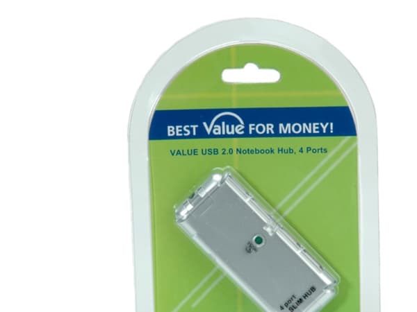 VALUE USB 2.0 Notebook Hub, 4 Ports, USB 2.0, USB 2.0, 480 Mbit/s, Silver, Plast, 0,2 m