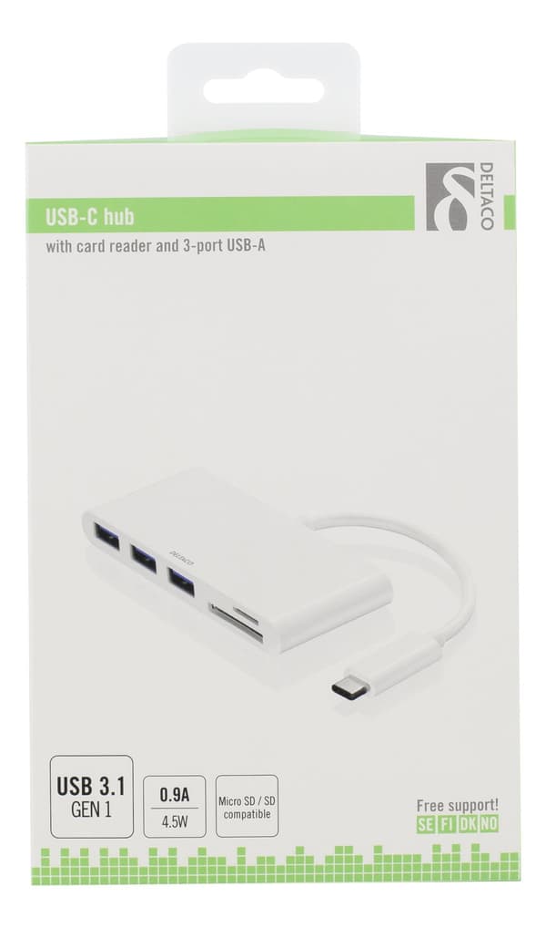 USB-C hub, USB-C 5 Gbps, 3x USB-A, SD/microSD reader, white