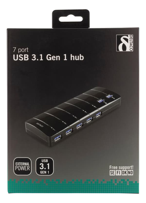 USB 3.0 hub, 7xType A ports, AC adapter included, black