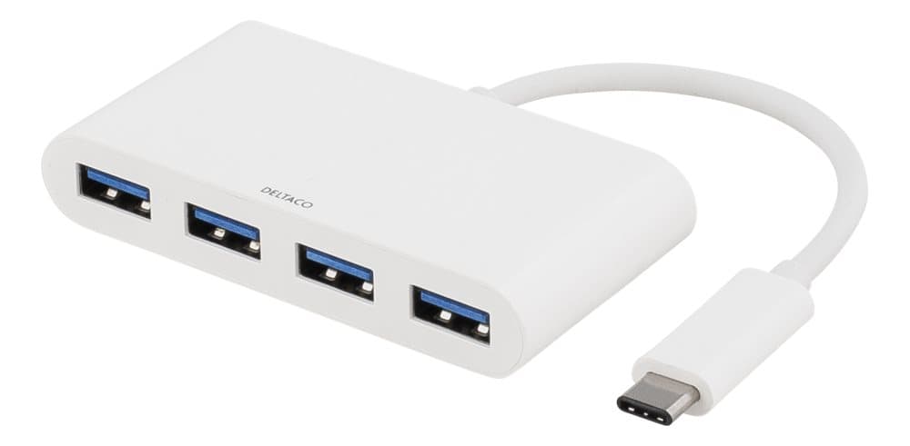 DELTACO USB 3.1 Gen 1-hubb, USB-C hane till 4xUSB Typ A hona, vit