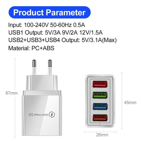 3 Port Snabbladdning 4,8A väggladdare QC3.0