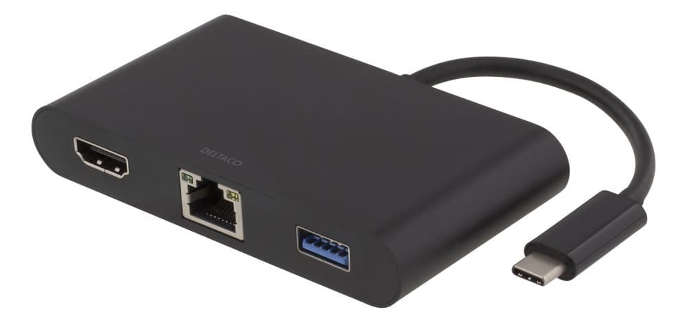 DELTACO USB-C dockingstation, HDMI, RJ45, 1xUSB A, USB-C PD, sort