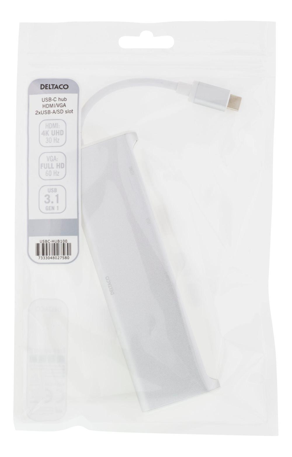 DELTACO USB-C hub, 1x HDMI 4K ved 30Hz, 1x VGA, hvid