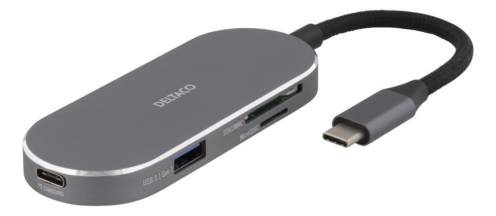 DELTACO USB-C dockingstation, 100W USB-C PD, USB 3.1, 4K HDMI, sølv