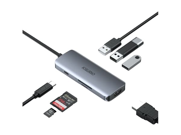 Choetech HUB-M19, USB 3.2 Gen 1 (3.1 Gen 1) Type-C, 100 W, Grå, SD, 4K Ultra HD, 30 hz