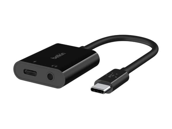 Belkin RockStar - USB-C til hodetelefonjakk / ladeadapter - 24 pin USB-C hann til 24 pin USB-C, minijakk hunn - 19.6 cm - USB Power Delivery (60W)