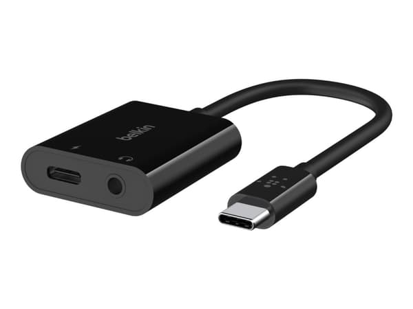 Belkin RockStar - USB-C til hodetelefonjakk / ladeadapter - 24 pin USB-C hann til 24 pin USB-C, minijakk hunn - 19.6 cm - USB Power Delivery (60W)