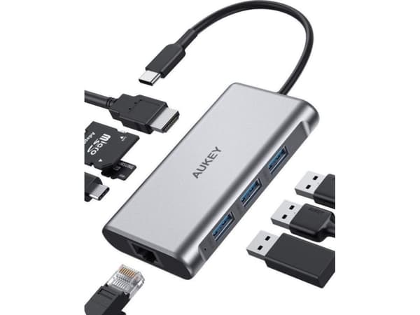 Aukey CB-C91 station/replicator aluminum HUB USB-C | 8in1 | RJ45 Ethernet 10/100/1000Mbps | 3xUSB 3.1 | HDMI 4k @ 30Hz | SD and micro SD | USB-C Powe