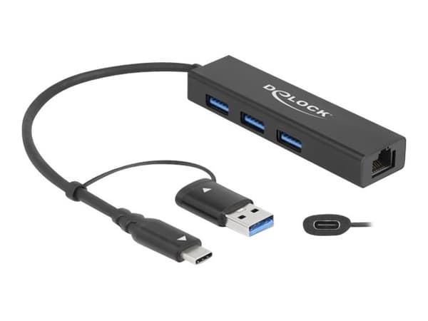 DeLOCK 64149, USB 3.2 Gen 1 (3.1 Gen 1) Type-A + Type-C, 10,100,1000 Mbit/s, Musta, RJ-45, USB 3.2 Gen 1 (3.1 Gen 1) Type-A, ChromeOS, 23 mm