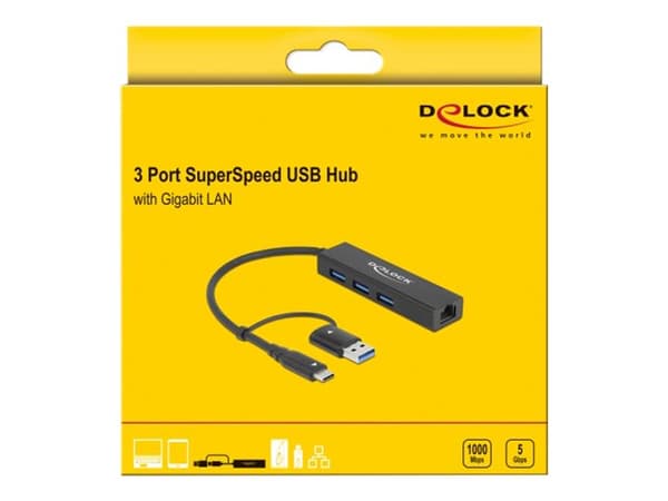 DeLOCK 64149, USB 3.2 Gen 1 (3.1 Gen 1) Type-A + Type-C, 10,100,1000 Mbit/s, Musta, RJ-45, USB 3.2 Gen 1 (3.1 Gen 1) Type-A, ChromeOS, 23 mm