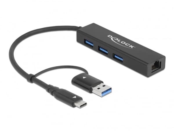 DeLOCK 64149, USB 3.2 Gen 1 (3.1 Gen 1) Type-A + Type-C, 10,100,1000 Mbit/s, Musta, RJ-45, USB 3.2 Gen 1 (3.1 Gen 1) Type-A, ChromeOS, 23 mm