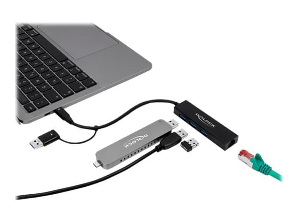 DeLOCK 64149, USB 3.2 Gen 1 (3.1 Gen 1) Type-A + Type-C, 10,100,1000 Mbit/s, Musta, RJ-45, USB 3.2 Gen 1 (3.1 Gen 1) Type-A, ChromeOS, 23 mm