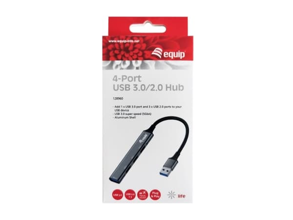 Equip 128960, USB 3.2 Gen 1 (3.1 Gen 1) Type-A, USB 2.0, USB 3.2 Gen 1 (3.1 Gen 1) Type-A, 5000 Mbit/s, Svart, Grå, Gjuten aluminium, 0,15 m
