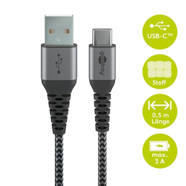 USB-C ™ - USB-A Tekstiilikaapeli metalliliittimillä (avaruudenharmaa / hopea) 0,5 m