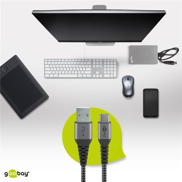 USB-C ™ - USB-A Tekstiilikaapeli metalliliittimillä (avaruudenharmaa / hopea) 0,5 m