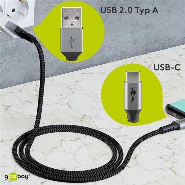 USB-C ™ til USB-A Tekstilkabel med metallplugger (Space grå / sølv) 1 m
