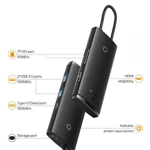 Baseus Lite Series 6-Port HUB Adapter USB-C - Svart