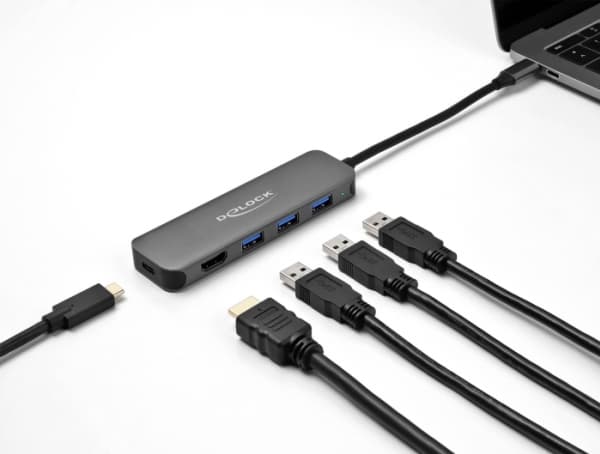 Delock - Hubb - 3 x USB 3.2 Gen 1 + 1 x USB-C (strömleverans) + 1 x HDMI - skrivbordsmodell