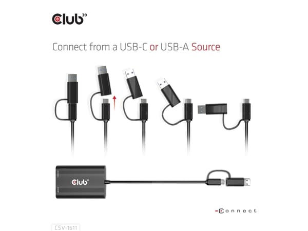 CLUB3D CSV-1611, 0,22 m, USB Type-C, HDMI + VGA (D-Sub), Uros, Naaras, Suora