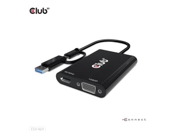 CLUB3D CSV-1611, 0,22 m, USB Type-C, HDMI + VGA (D-Sub), Uros, Naaras, Suora
