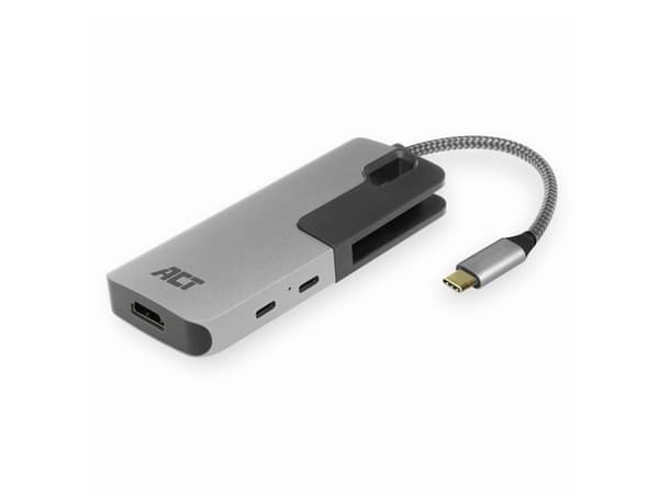 ACT USB-C to HDMI female adapter with PD Pass-Through, 4K, USB-A , USB-C port, card reader USB-C-HDMI, 2XUSBA,1xUSBC,PD,CARD (AC7021) Grå