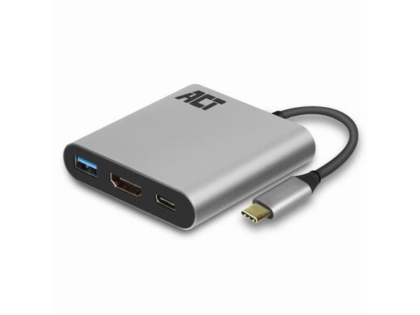 ACT USB-C to HDMI female adapter with PD Pass-Through 60W, 4K, USB-A USB-C - HDMI, USB-A, PD 0,15M (AC7022) Harmaa