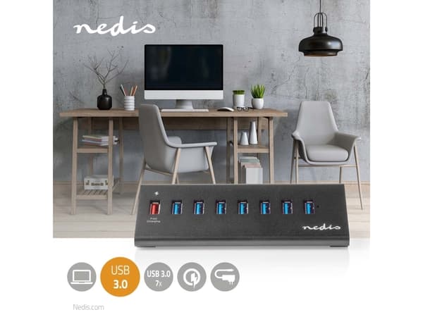 Nedis USB-keskitin | 8-porttiportti(t) | QC3.0 / USB 3.2 Gen1 | Verkkovirta / Power over USB | 5 Gbps | 8x USB