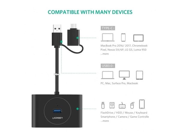 Ugreen 40850, USB 3.2 Gen 2 (3.1 Gen 2) Type-A, USB 3.2 Gen 1 (3.1 Gen 1) Type-A, 5000 Mbit/s, Svart, Windows 10, Windows 7, Windows 8, Windows 8.1,