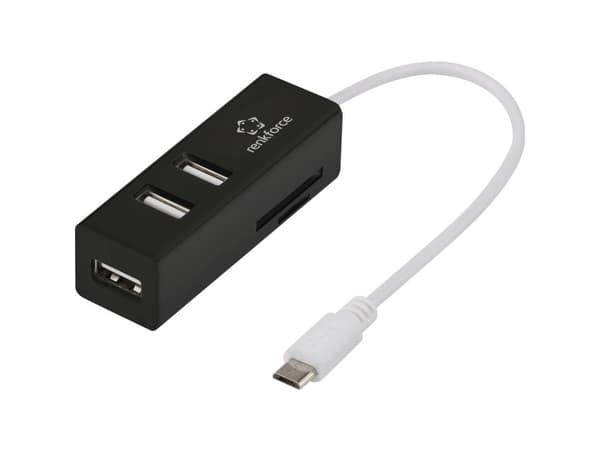 Renkforce RF-4995192 USB 2.0-hubb med 3 portar och inbyggd SD-kortläsare, med OTG-funktion Svart
