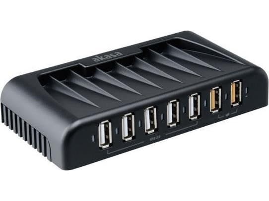 AKASA HUB USB Connect 7FC, 5x USB 2.0, 2 USB-laddningsportar, extern, med nätadapter