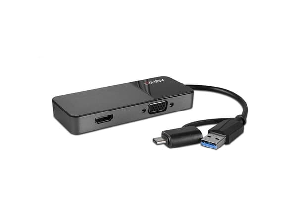 Lindy 43354, USB 3.2 Gen 1 (3.1 Gen 1) Type-A + Type-C, Musta, 60 Hz, HDMI, VGA, Muovi, USB