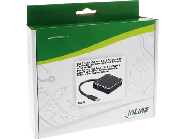 InLine 35392A, USB 3.2 Gen 1 (3.1 Gen 1) Type-A, USB 3.2 Gen 1 (3.1 Gen 1) Type-A, 5000 Mbit/s, Svart, Gjuten aluminium, USB