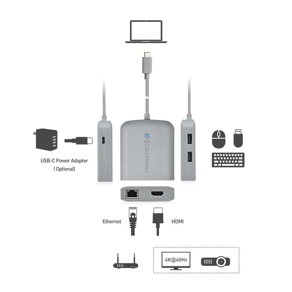 Cable Matters 1 til 5 dockingstation 1xHDMI 4K60Hz, 1xRJ45 Ethernet 2xUSB-A 1xUSB-C PD 60W Fungerer med Chromebook-certificeret