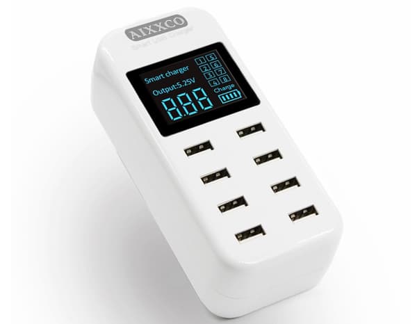 Smart USB-laddare, 8 st 40W, snabbladdnings-portar, display, överspänningsskydd